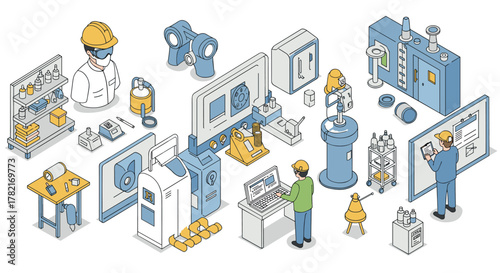 Industrial laboratory isometric design with workers and equipment in modern manufacturing environment