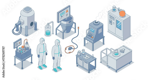 Industrial laboratory equipment in isometric style with scientists in protective gear