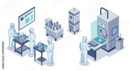 Isometric laboratory scene with scientists in protective gear conducting experiments