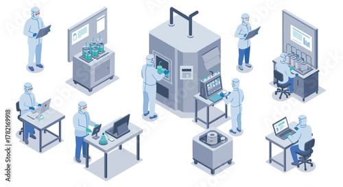 Advanced isometric pharmaceutical lab scene with scientists and equipment
