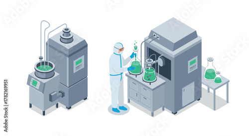 Isometric biotechnology laboratory with scientist conducting experiments in modern facility