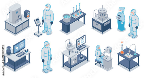 Isometric laboratory equipment and scientists in ppe for scientific research