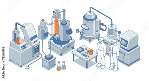 Modern isometric laboratory equipment and scientists in a research facility