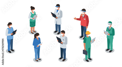 Diverse professionals in masks and face shields in isometric style