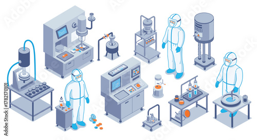 Isometric pharmaceutical laboratory with scientists and equipment for research and development