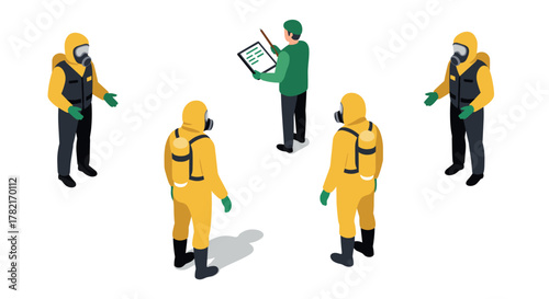 Isometric safety training team in hazmat suits with instructor and checklist
