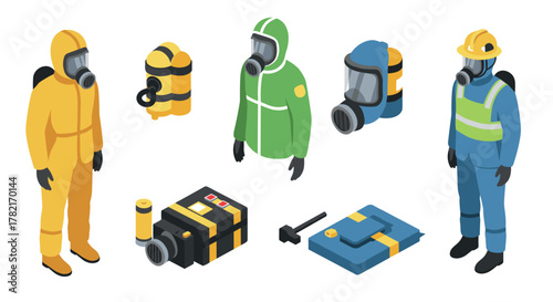 Isometric hazmat suit and equipment set with respirators and safety gear