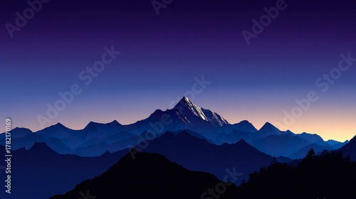 Minimalist blue mountain landscape at dusk, perfect wallpaper background with smooth purple-blue gradients, serene digital screen design, calming abstract scenery for phones and desktops