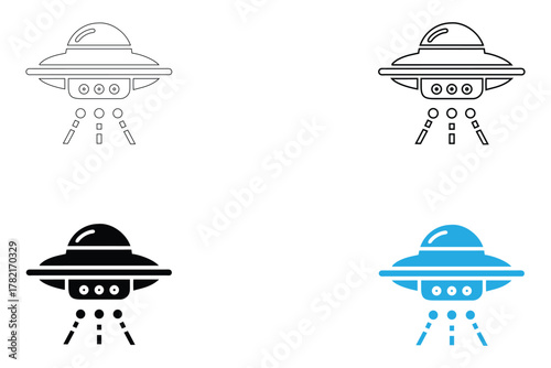 Flying saucer or ufo spaceship vector icon, Alien Spaceship vector, silhouette and line art