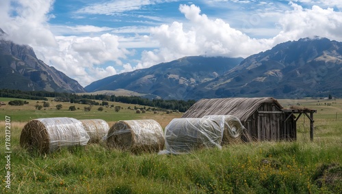 A rustic farmhouse surrounded by wrapped dry hay bales in the countryside, showcasing agricultural practices, Earth Day