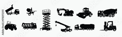 set of heavy duty industrial vehicles silhouettes