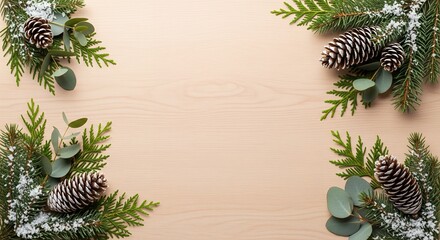 Christmas border with pine cones evergreen branches eucalyptus leaves and snow on wooden background