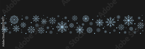 Stylish dark winter border with blue snowflakes. Elegant frosty design ideal for festive banners, mailings, greeting cards, social media seasonal templates