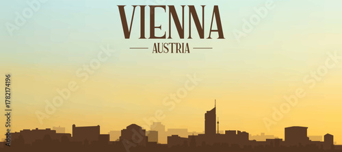 Panoramic poster of the city skyline with misty background buildings, hills sunrise, sunset and clouds of VIENNA, AUSTRIA