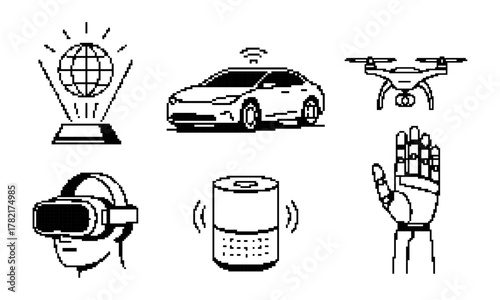 Pixelated Drones Autonomous Vehicle and Virtual Reality Gear Depicted in Minimalist Style