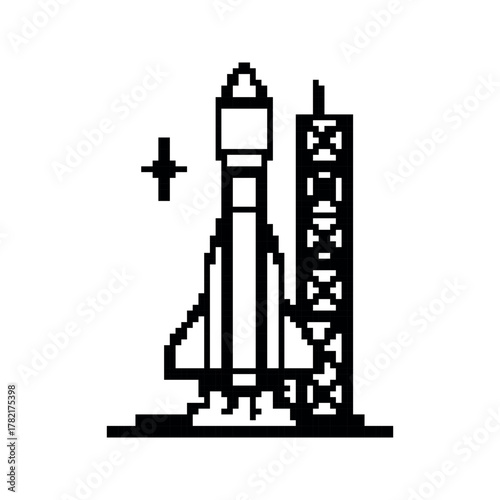 Monochrome Pixel Art Style Image of a Launching Space Rocket