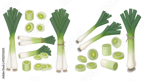 A collection of whole and sliced fresh green leeks illustrated in a watercolor style on a transparent background.