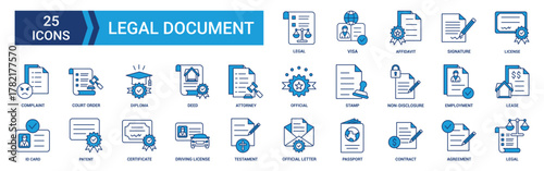 Legal document icon set. Containing contract, agreement, passport, ID card, certificate, license, patent, testament and more. Vector blue icons collection.
