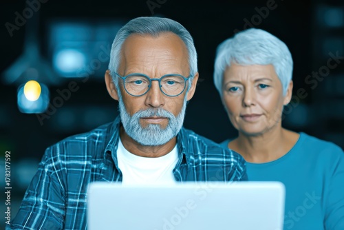 Elderly couple using laptop together in modern living room, focused expressions showcasing technology adoption in later life