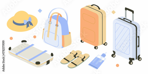 A collection of travel essentials including suitcases a hat a backpack sandals and toiletries depicted in a flat isometric style