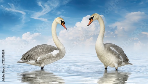 Fototapeta Naklejka Na Ścianę i Meble -  Two swans resting on a snowy landscape
