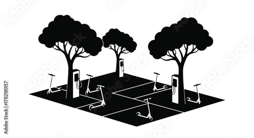 Electric scooters charging at stations under trees in a modern urban area.