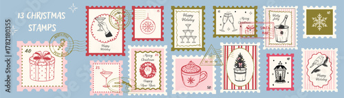 Vintage Christmas stamp set. Retro winter holiday postage marks, festive New Year postcards, and modern hand drawn doodle labels in sketch style. Holiday mail stickers.