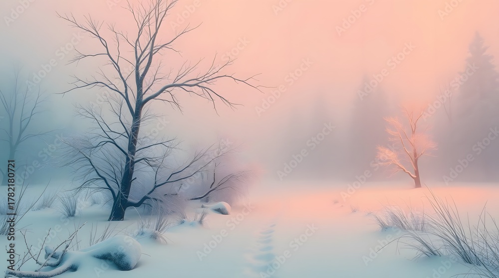 Obraz premium Foggy winter landscape with bare trees and soft pink morning sunlight.