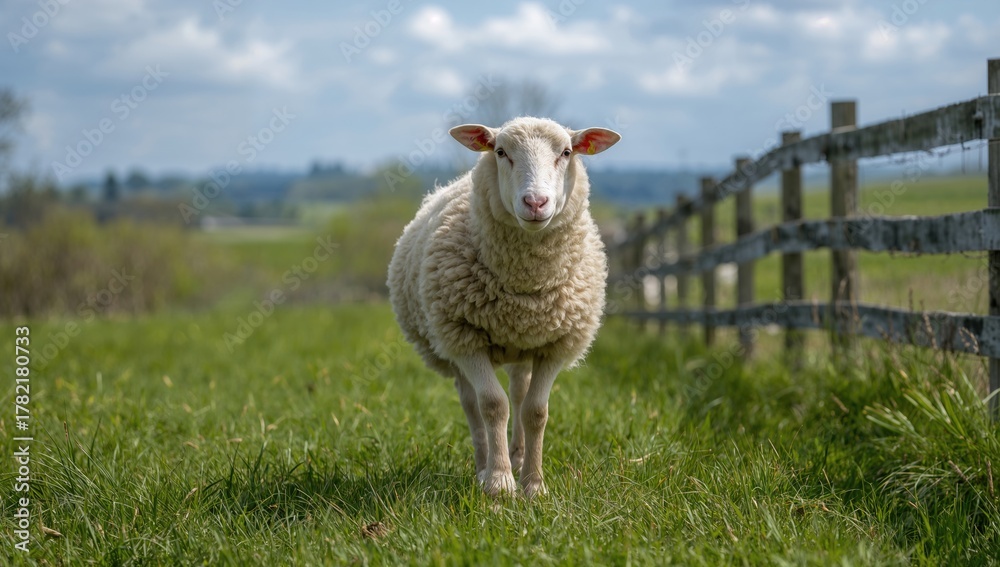 Obraz premium A sheep grazes in a grassy field adjacent to a fence, emphasizing rural tranquility