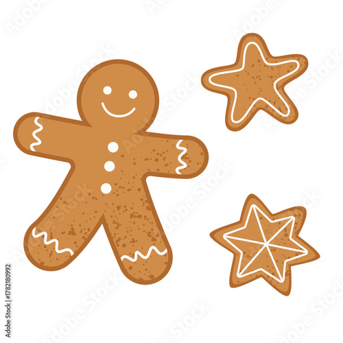 Gingerbread man and star cookies vector illustration. Cute Christmas gingerbread cookies isolated on white background. Holiday bakery design element.