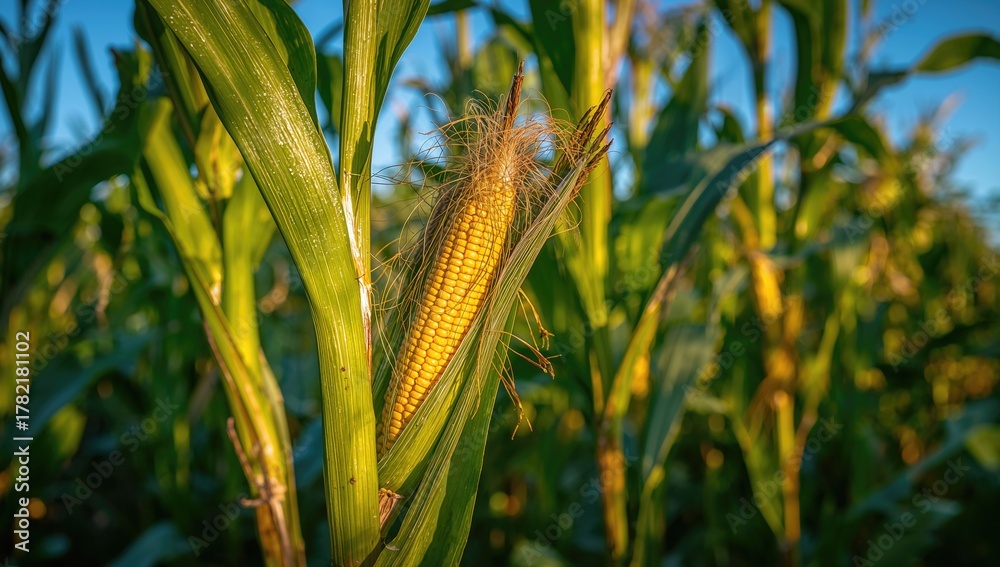 Naklejka premium Close-up view of bright green corn plants thriving in a verdant landscape, fiber-dense choice