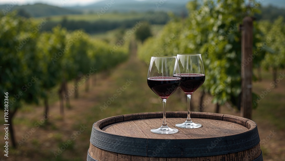 Naklejka premium Glasses of red wine placed on a wooden barrel surrounded by a countryside vineyard, suitable for food and drink layouts