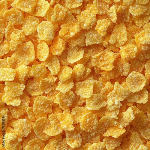 Close-up view of numerous golden yellow crispy corn flakes with sugar crystals