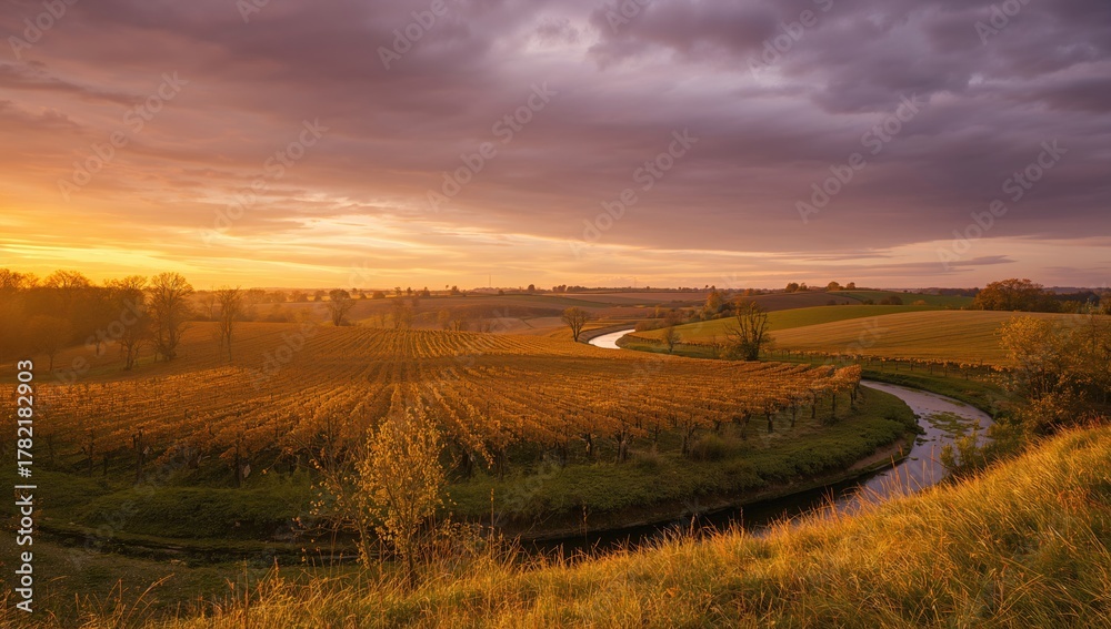 Naklejka premium A breathtaking sunset over a valley with a dramatic sky, showcasing the oldest vineyard in the Netherlands, seasonal change