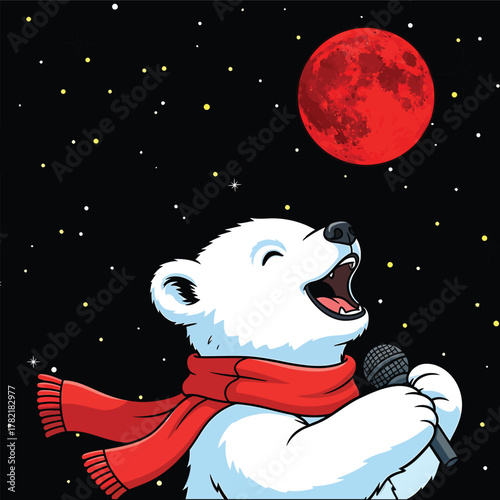 Polar bear sings under a red moon and starry night sky festive winter scene vector for T-shirt.

