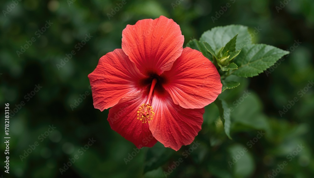 Fototapeta premium Vibrant single Hawaiian Hibiscus rosa-sinensis in full bloom during spring, enhancing garden aesthetics