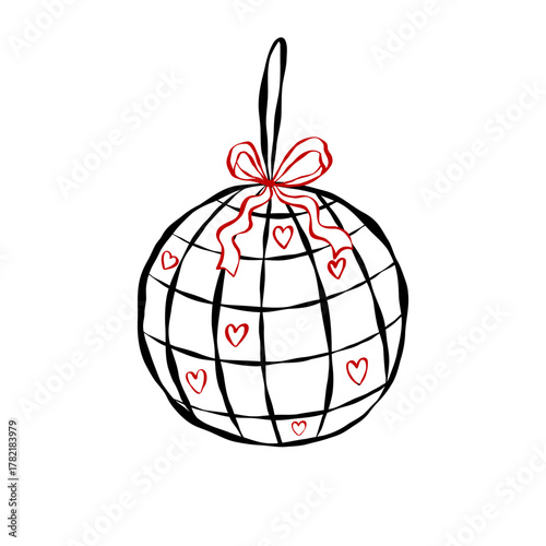 Whimsical hand-drawn disco ball with bow and heart. Vector ideal for bachelorette party invitations, stickers, packaging and decorative print projects