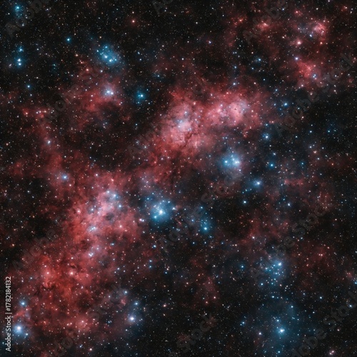 Deep space hydrogen nebula with blue star clusters and cosmic dust