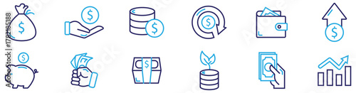 Financial and banking icons, wallet with cash, credit card payment, currency exchange, euro and dollar, cashback money concept, thin line vector design.