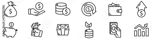 Money line icon set, wallet and coins symbols, banking and finance elements, credit card, currency exchange, cashback service, euro and dollar signs, vector illustration.
