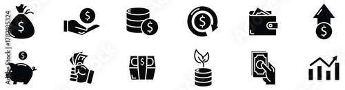 Money and wallet icons set, financial elements, credit card, bank, and currency exchange, euro and dollar cash, payment and cashback, modern  vector.