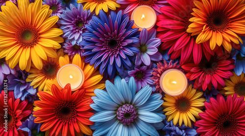 Composizione colorata di fiori e lumini accesi visti dall’alto. Generative AI