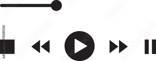 Minimalist digital interface controls for audio and video playback featuring a play button pause rewind fast forward and a progress slider bar