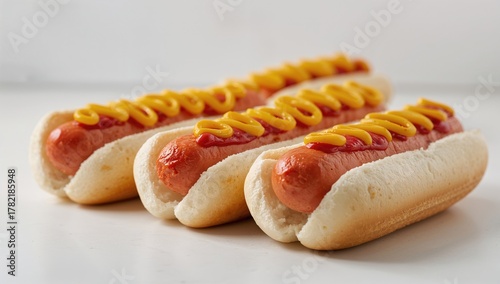 Fototapeta Naklejka Na Ścianę i Meble -  Grilled hot dogs served in white buns topped with mustard and ketchup, processed meat risk
