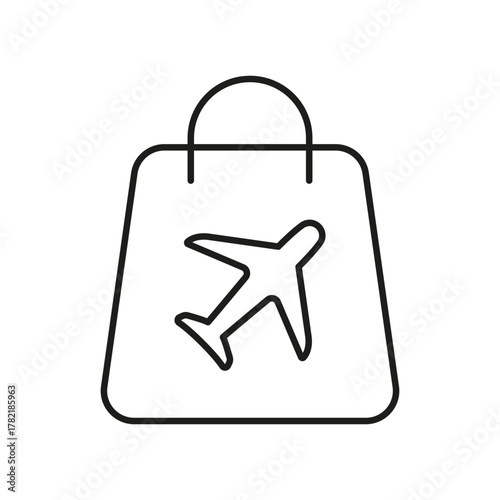 Shopping Bag With Airplane Line Icon. Travel Retail, Duty-Free Shopping, And Tourism Merchandise Outline Symbol. Aviation Commerce. Editable Stroke. Isolated Vector Illustration