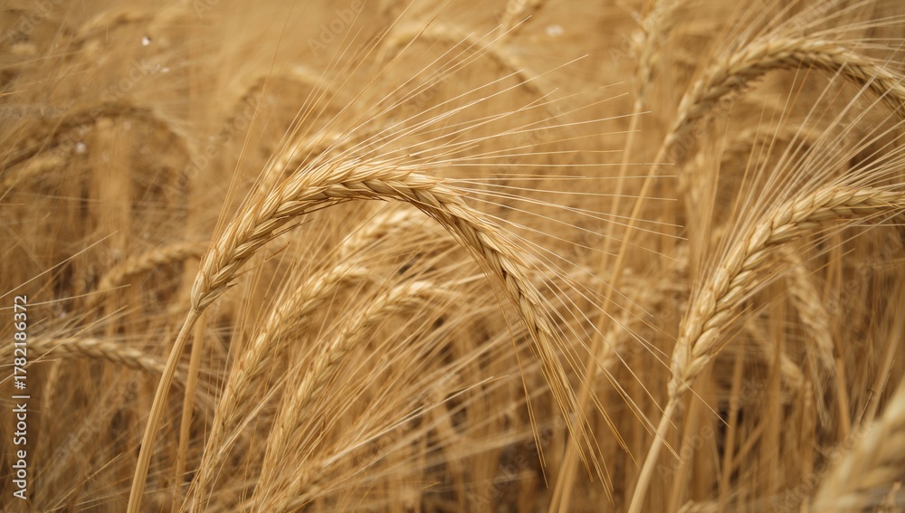 Naklejka premium Close-up of golden wheat ears, highlighting the ripening process, agricultural harvest season