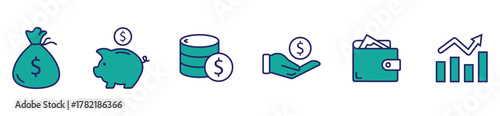 Business and finance icon collection, currency and savings symbols, wallet and coins graphic, piggy bank illustration, investment and growth chart, modern flat style.