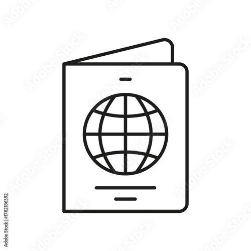 Passport With Globe Icon. International Travel, Identity Verification, And Global Citizenship Outline Symbol. Immigration And Visa Application. Editable Stroke. Isolated Vector Illustration