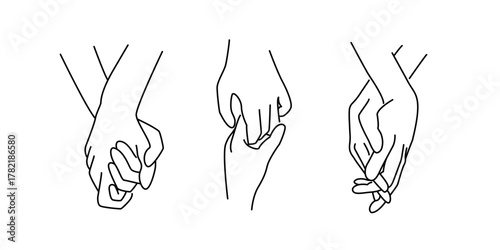 Holding Hands line art set. Hand-in-hand, Gentle Hold, Linked Fingers line art isolated on white background. Vector illustration
