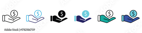 Financial assistance and payment icon. Hand holding money or dollar coin symbol representing support and funding.	